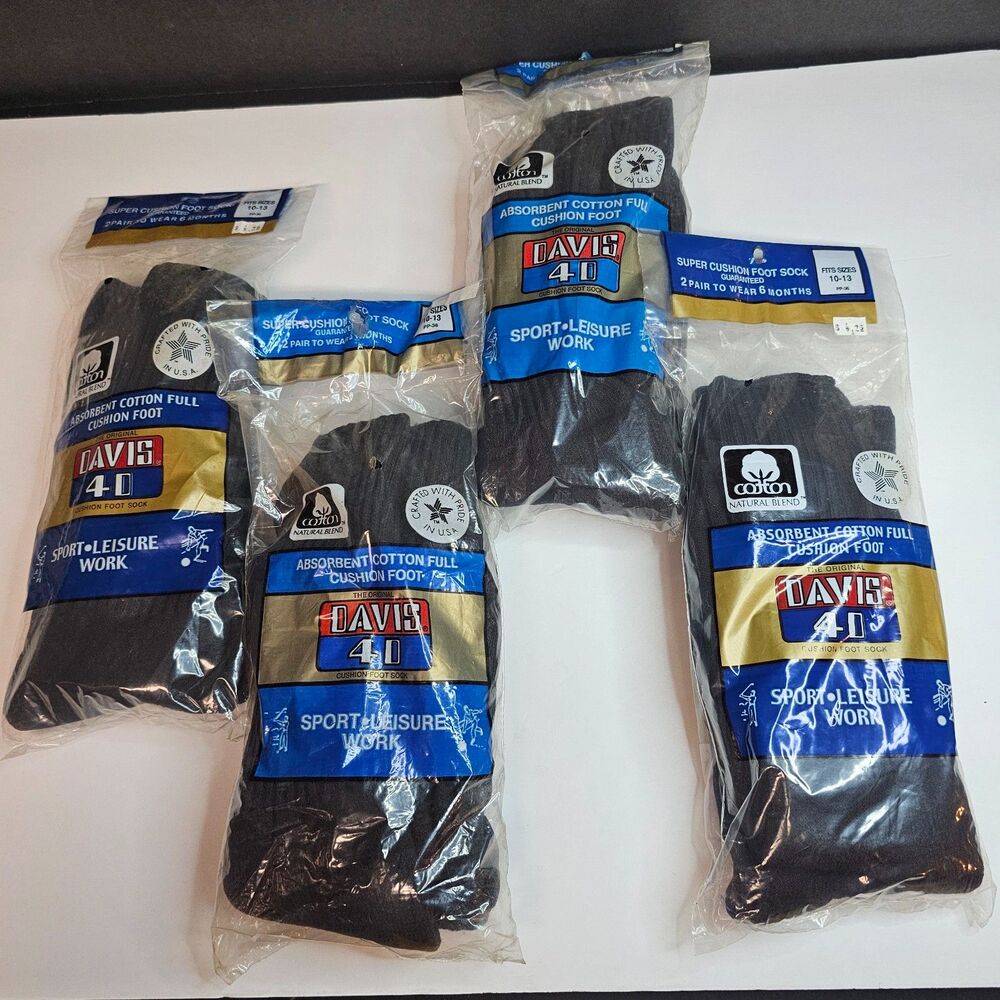 NOS Lot of 4 Davis 40 2-pack Men's Socks 10-13 Cotton Full Cushion Black